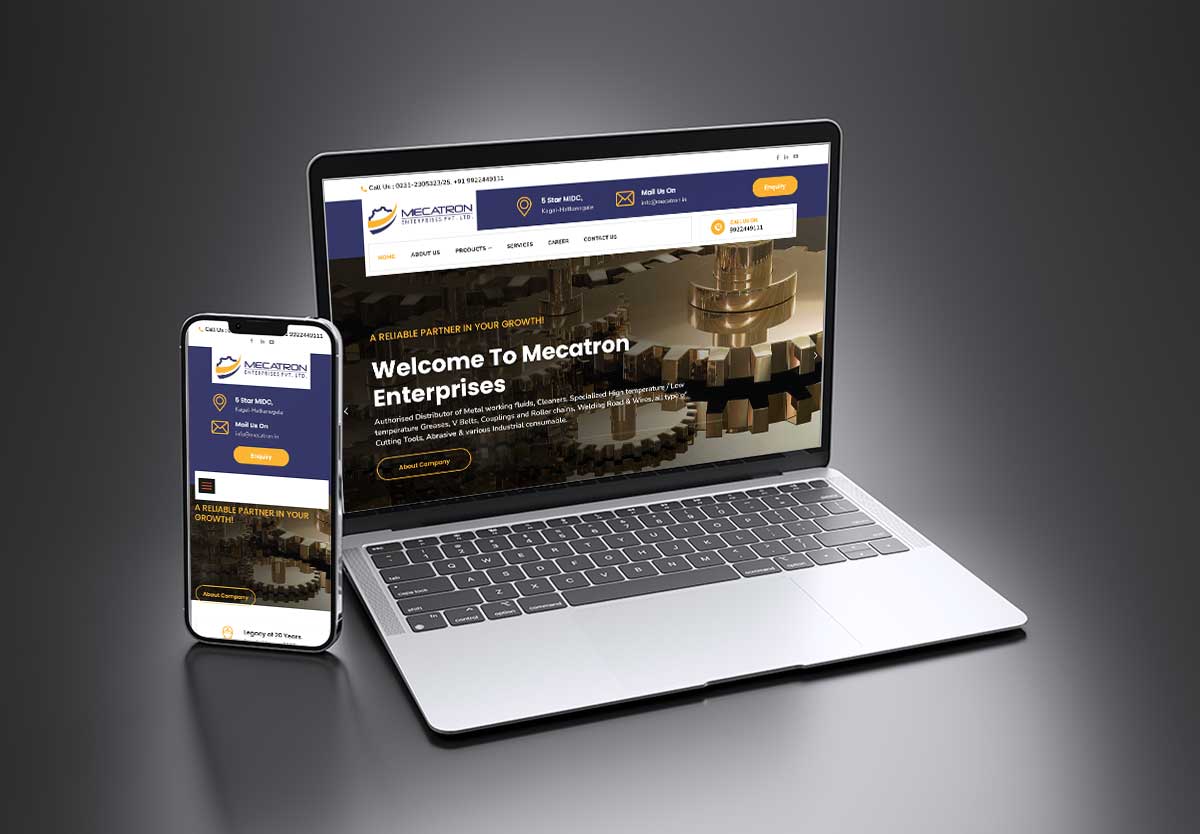 mecatron-mock SEO and mobile-friendly website design for Mecatron Enterprises – Industrial Material Supplier in Kolhapur (Kagal) by Agnis Designers.