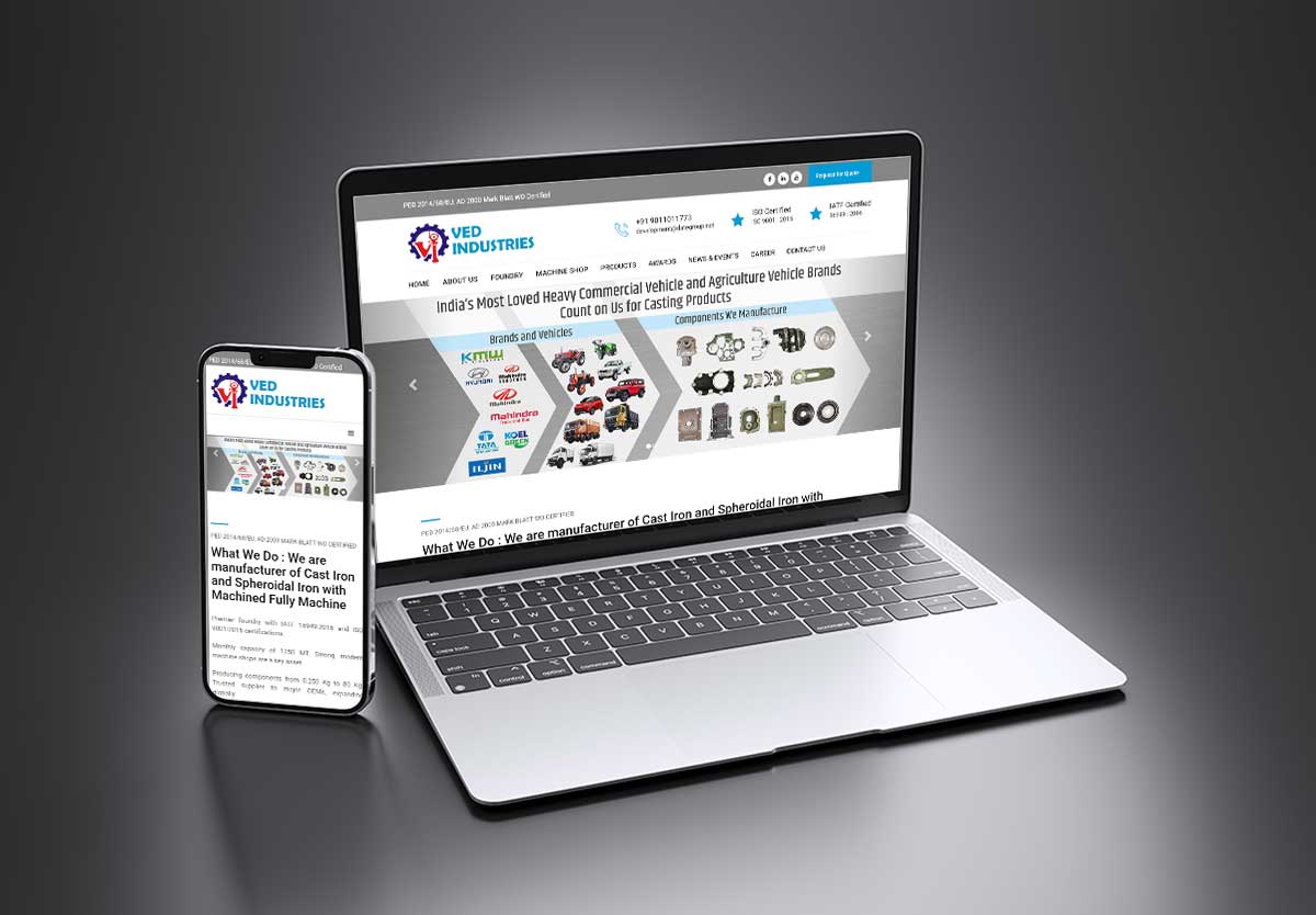 date-mock SEO and mobile-friendly website design for Ved Industries – Cast Iron Foundry and Machine Shop in Kolhapur by Agnis Designers.
